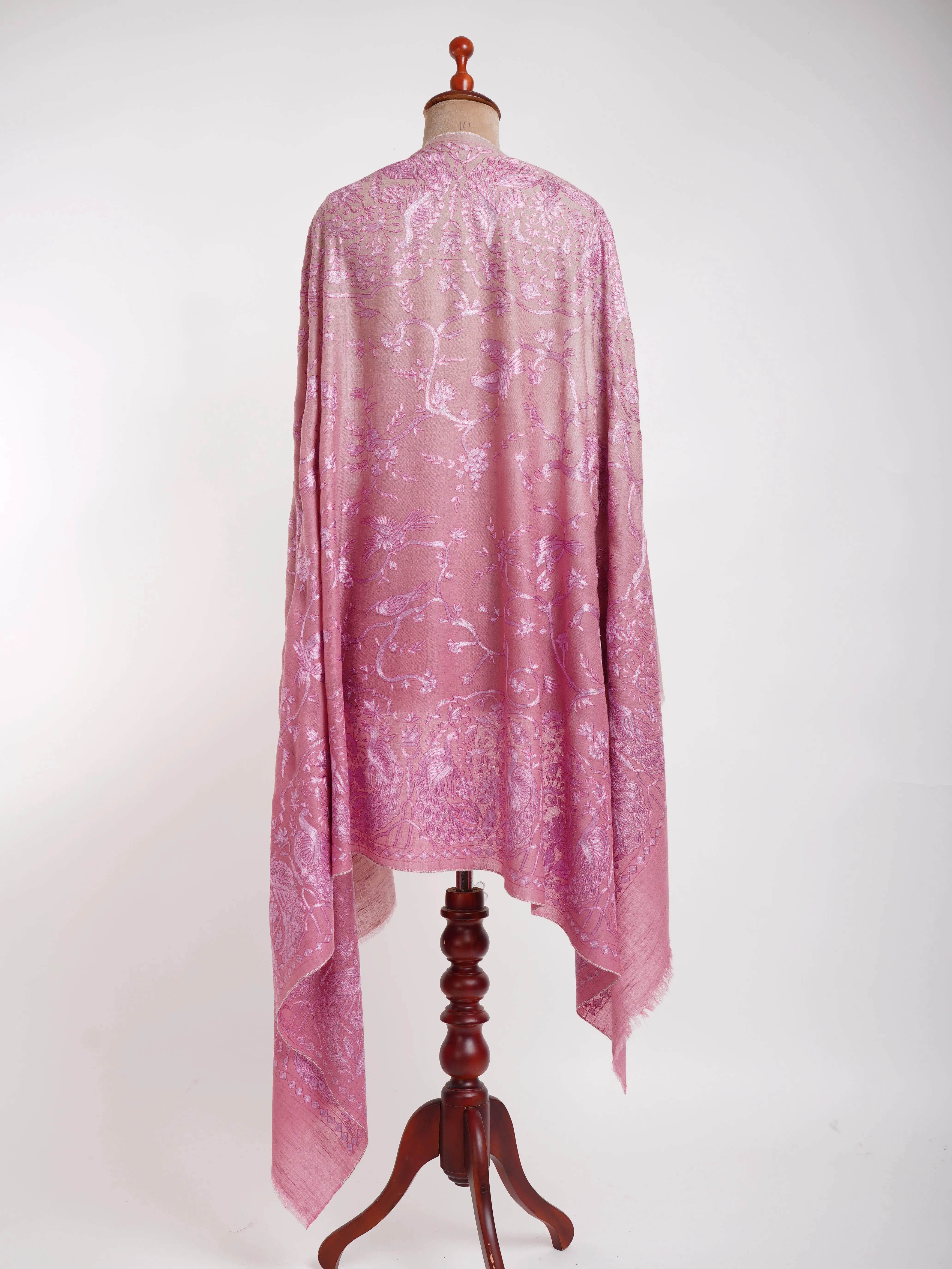 Ombre Baby Pink Peacock Embroidered Pashmina Jamavar Shawl