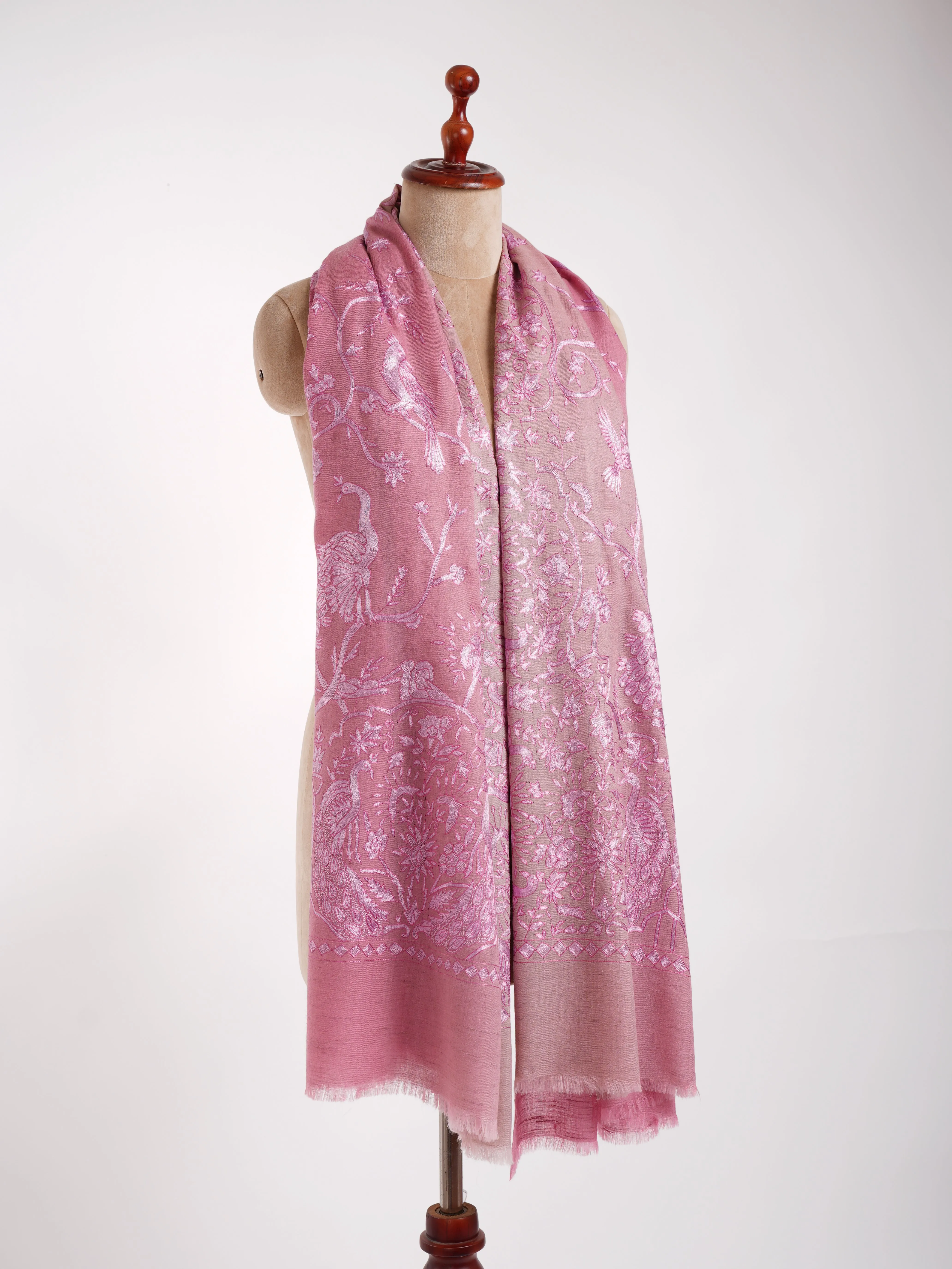 Ombre Baby Pink Peacock Embroidered Pashmina Jamavar Shawl