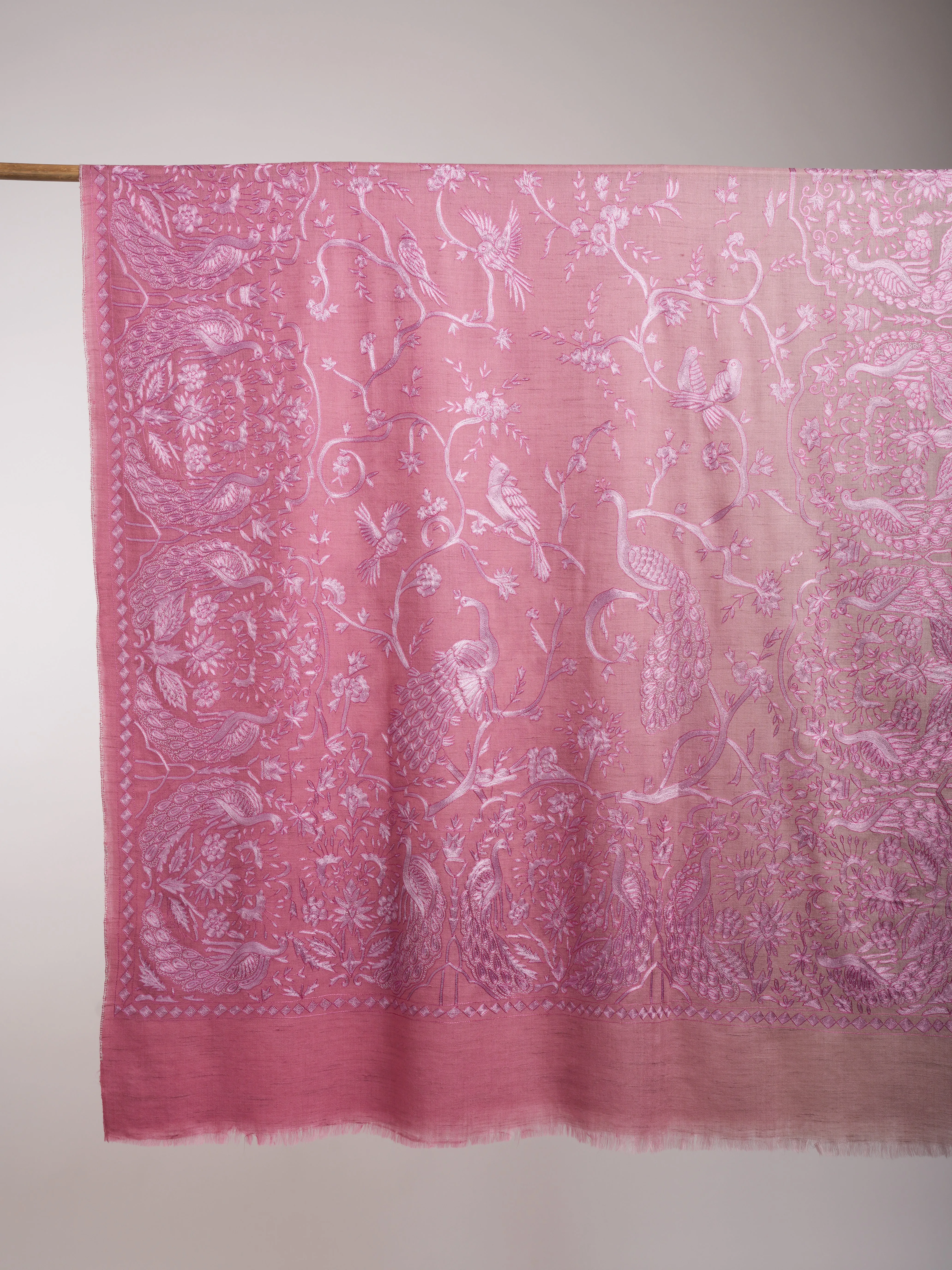 Ombre Baby Pink Peacock Embroidered Pashmina Jamavar Shawl