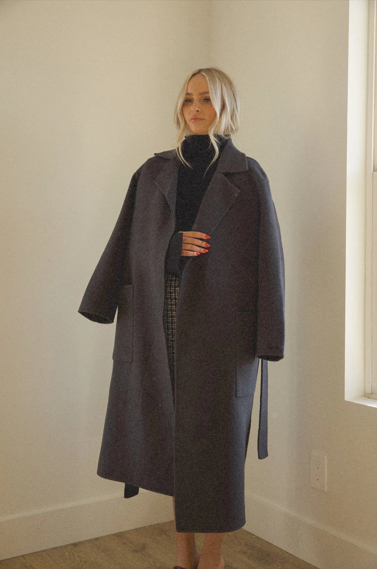 Oversized Belted Wool Coat - Black