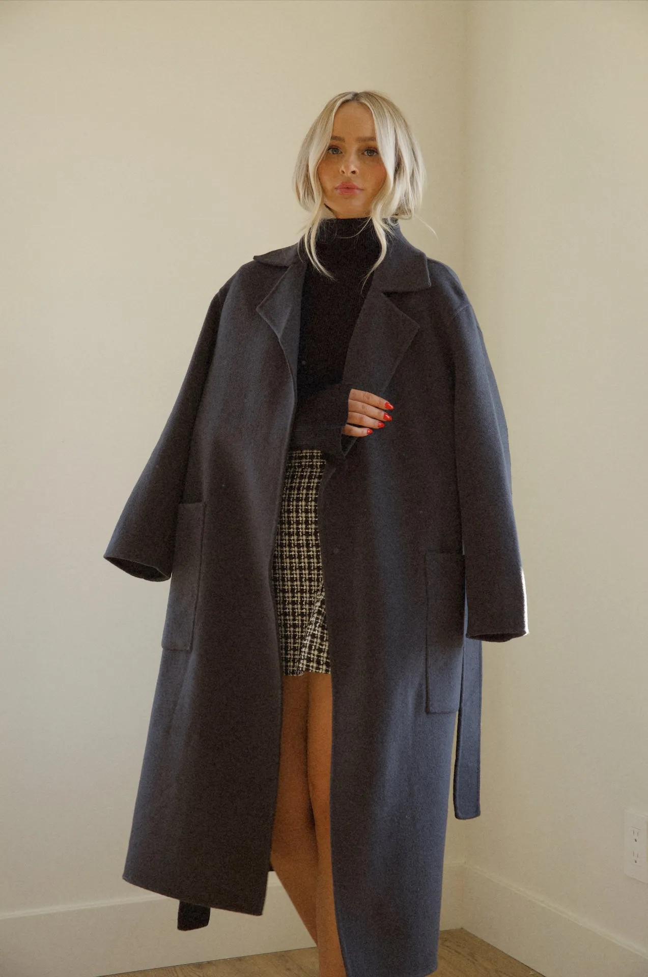 Oversized Belted Wool Coat - Black