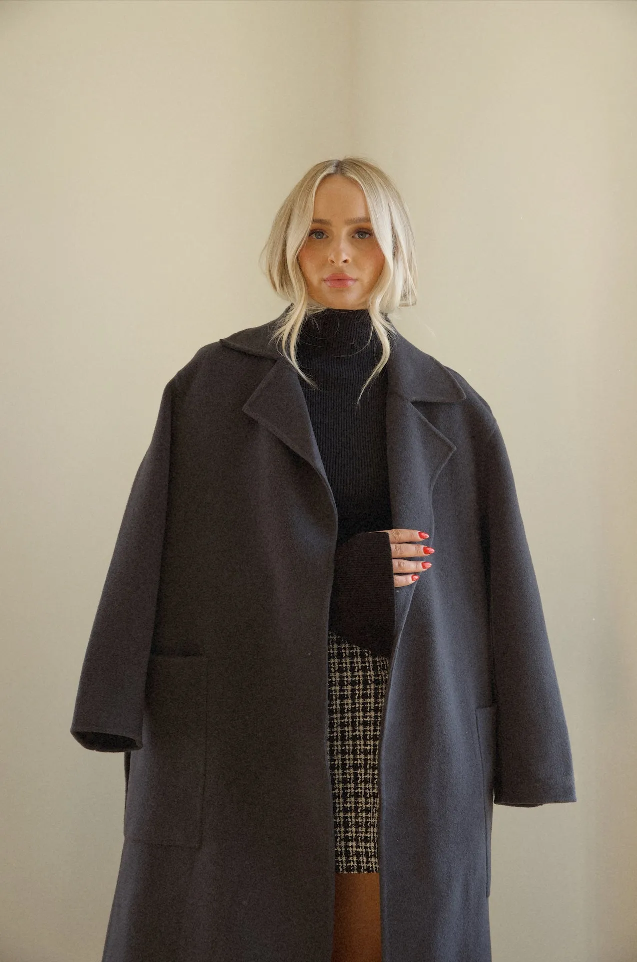 Oversized Belted Wool Coat - Black