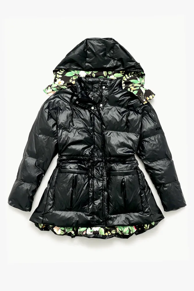 Pearl Peplum Puffer Jacket - Black