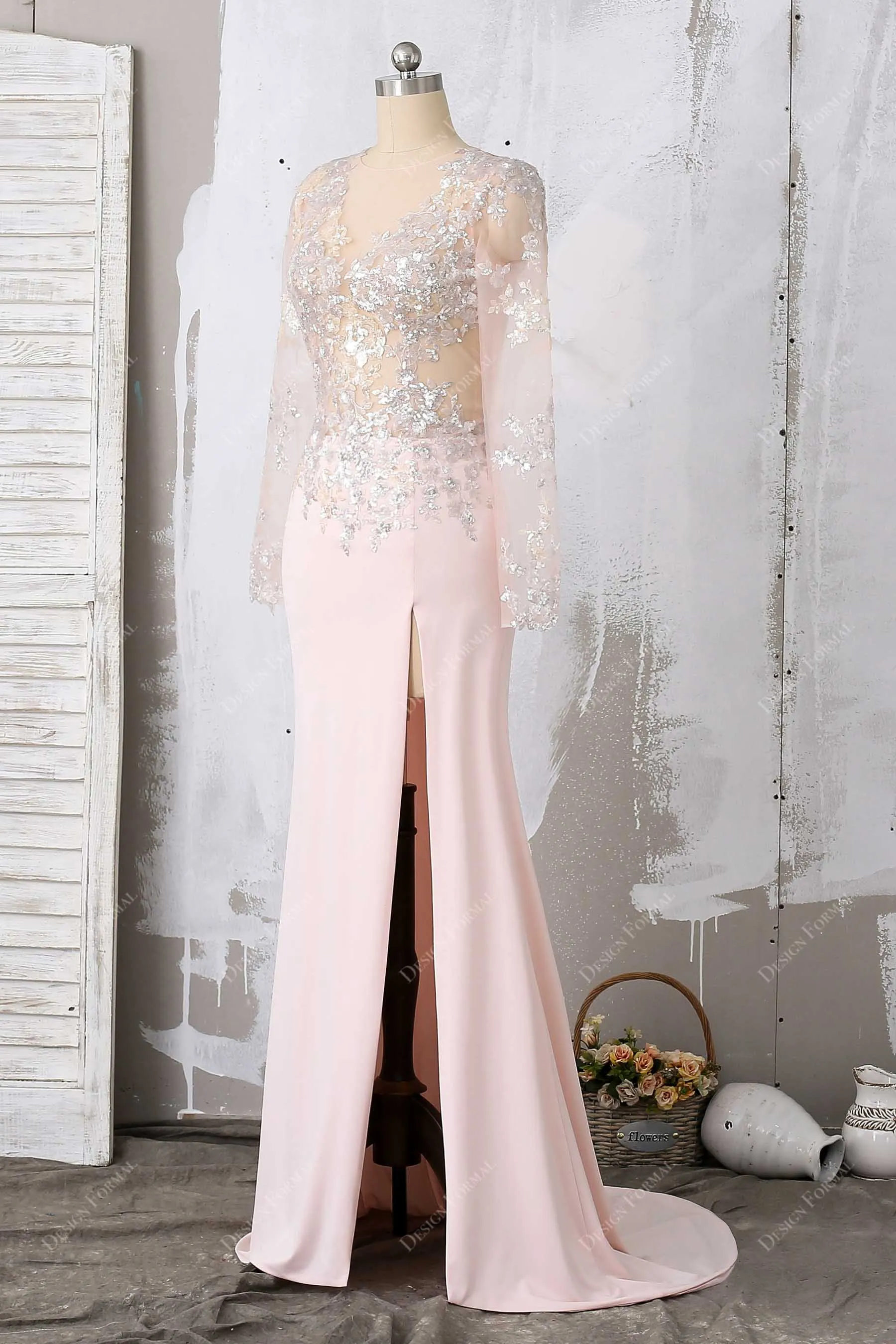 Pink Sequins Jersey Fit and Flare Sexy Slit Prom Dress Cutout Back