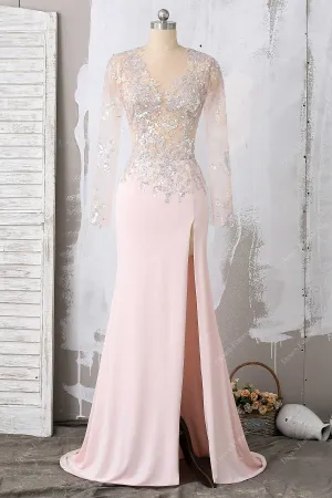 Pink Sequins Jersey Fit and Flare Sexy Slit Prom Dress Cutout Back