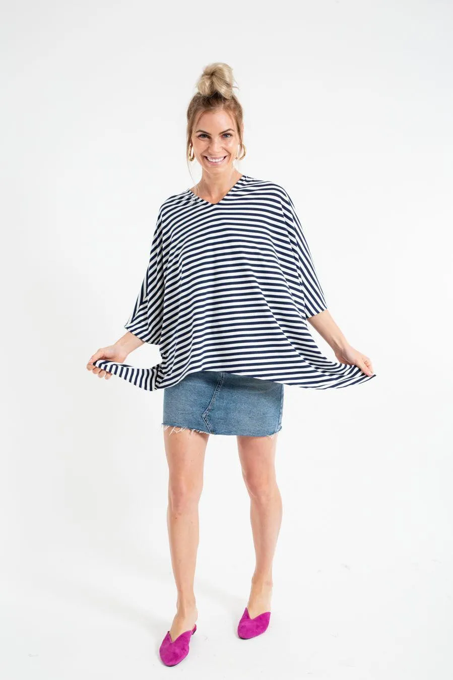 PONCHO DOUBLE EDGE VNECK TOP stripes