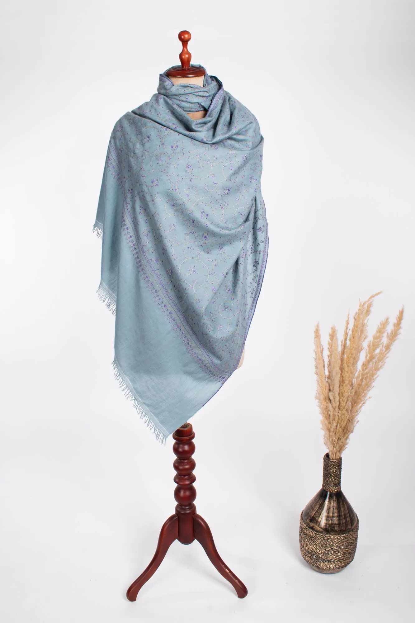 Power Blue Artistic Kashmiri Pashmina Shawl - KETCHIKAN