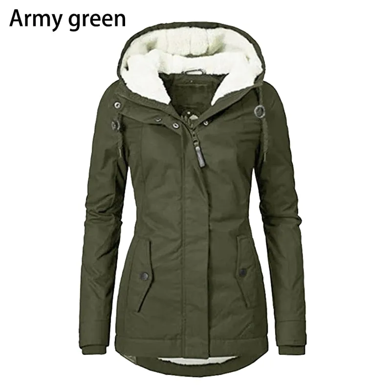 Purpdrank - Women's Winter Coat Warm Solid Plush Thickened Long Jacket Outdoor Hiking Hooded Casual Windproof Parka Coat Overcoat