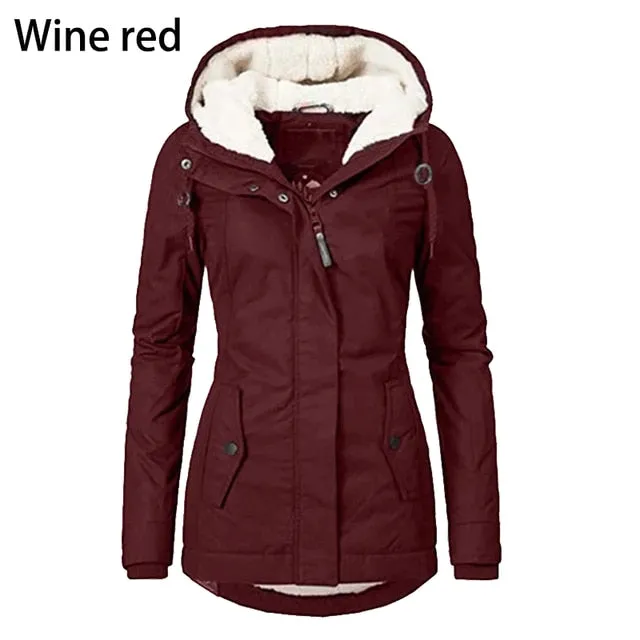 Purpdrank - Women's Winter Coat Warm Solid Plush Thickened Long Jacket Outdoor Hiking Hooded Casual Windproof Parka Coat Overcoat