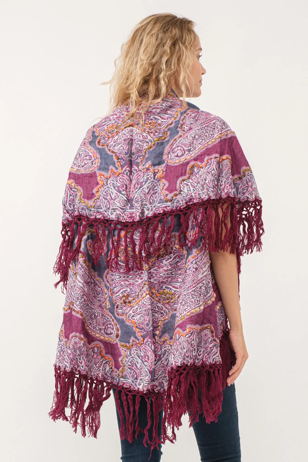 RAJ REGINA THICK STITCH EMBROIDERED PONCHO RASPBERRY