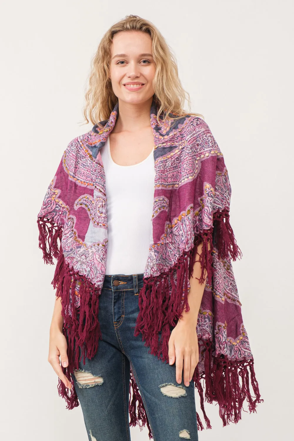 RAJ REGINA THICK STITCH EMBROIDERED PONCHO RASPBERRY