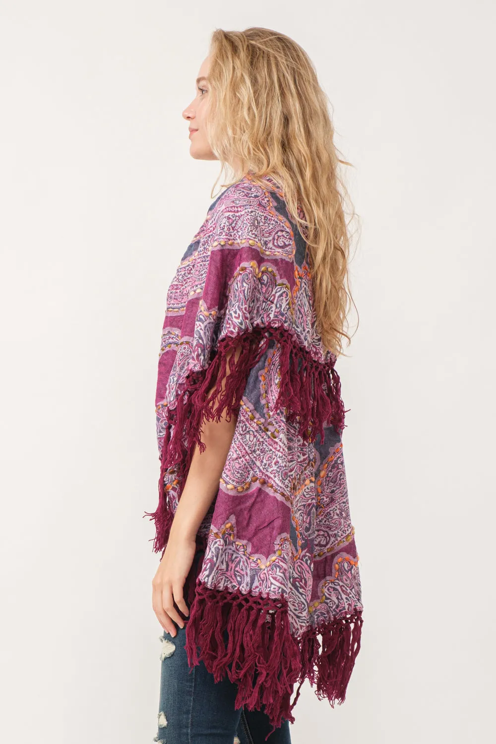 RAJ REGINA THICK STITCH EMBROIDERED PONCHO RASPBERRY