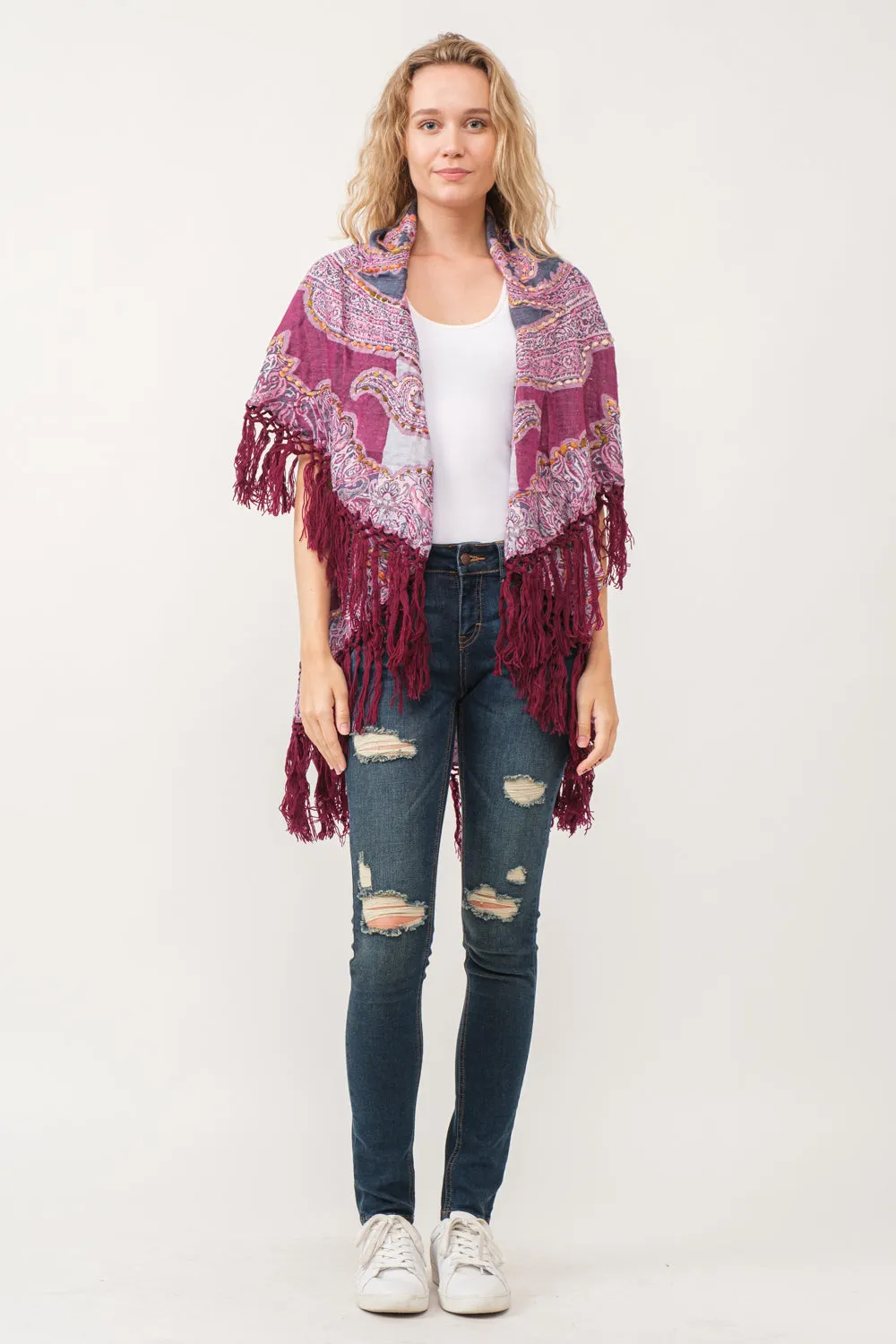 RAJ REGINA THICK STITCH EMBROIDERED PONCHO RASPBERRY