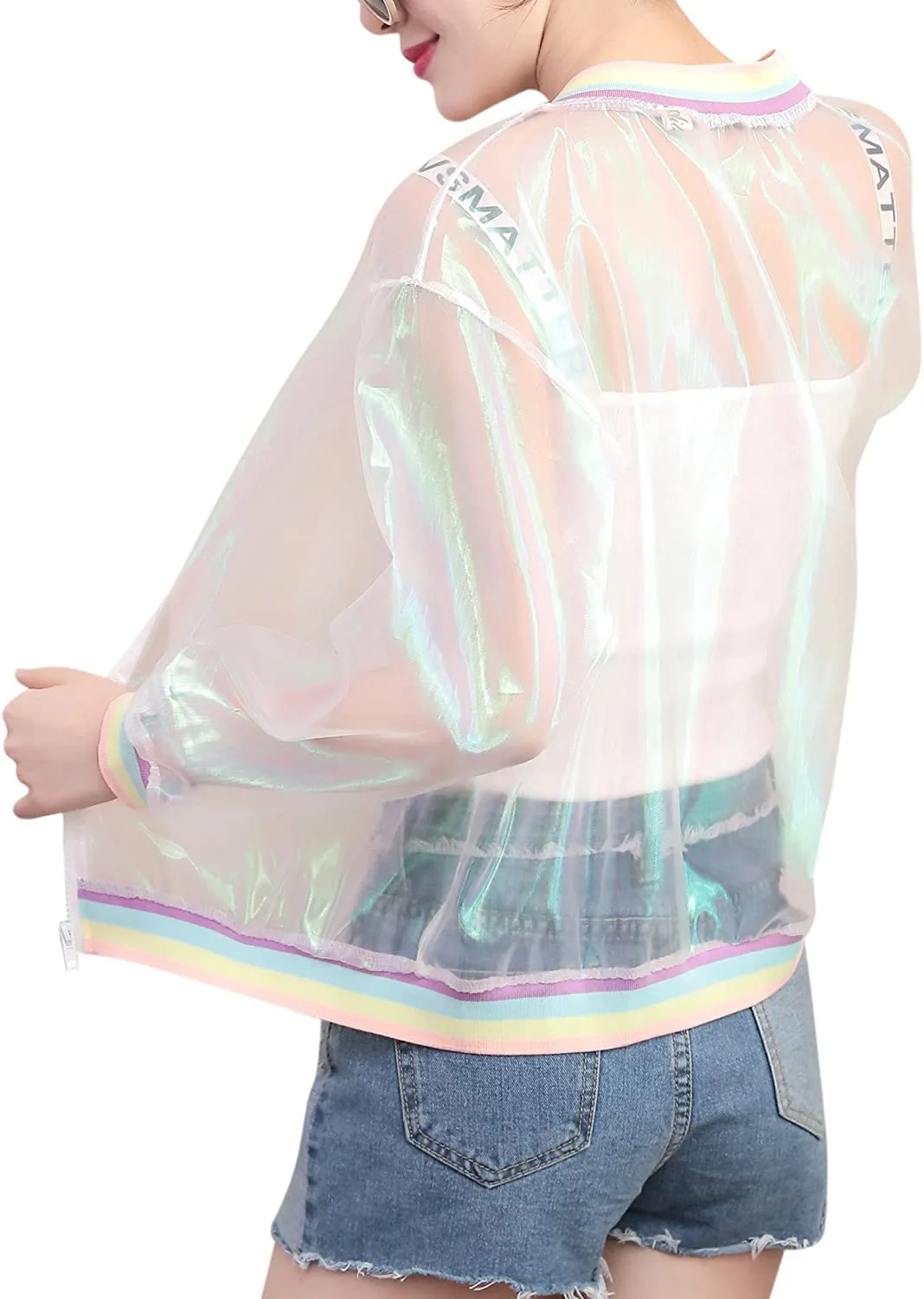 RARITYUS Women Girls Hologram Rainbow Bomber Jacket Iridescent Transparent Summer Sun-Proof Coat