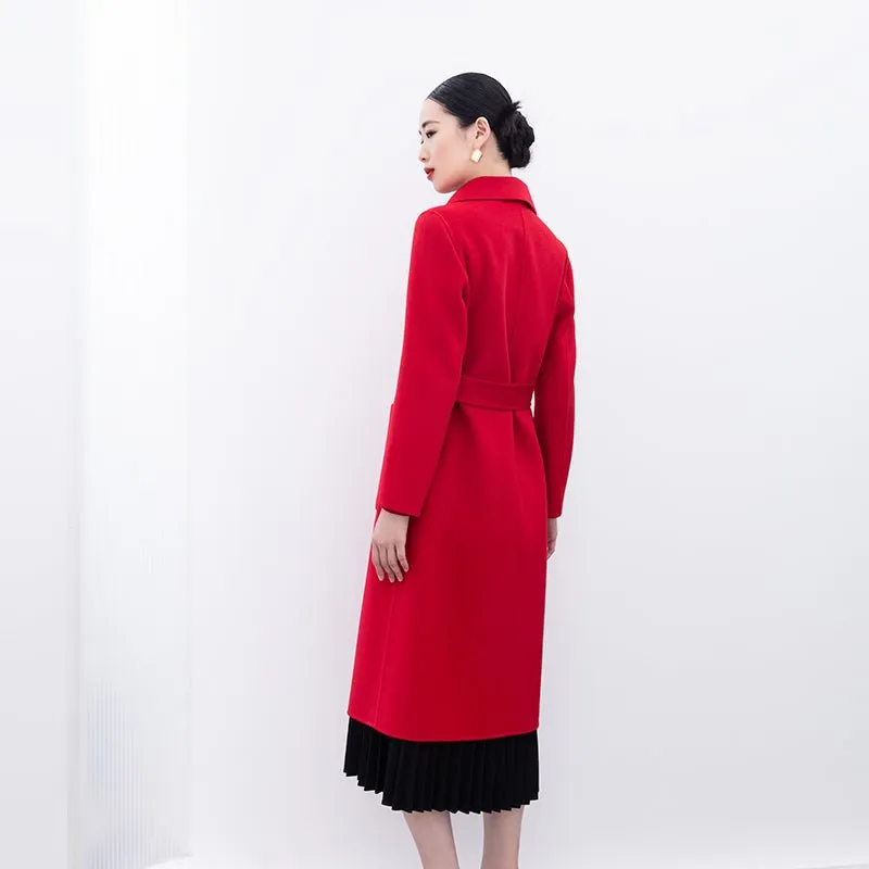 Red Lapel Long Wool Cashmere Coats with Belt