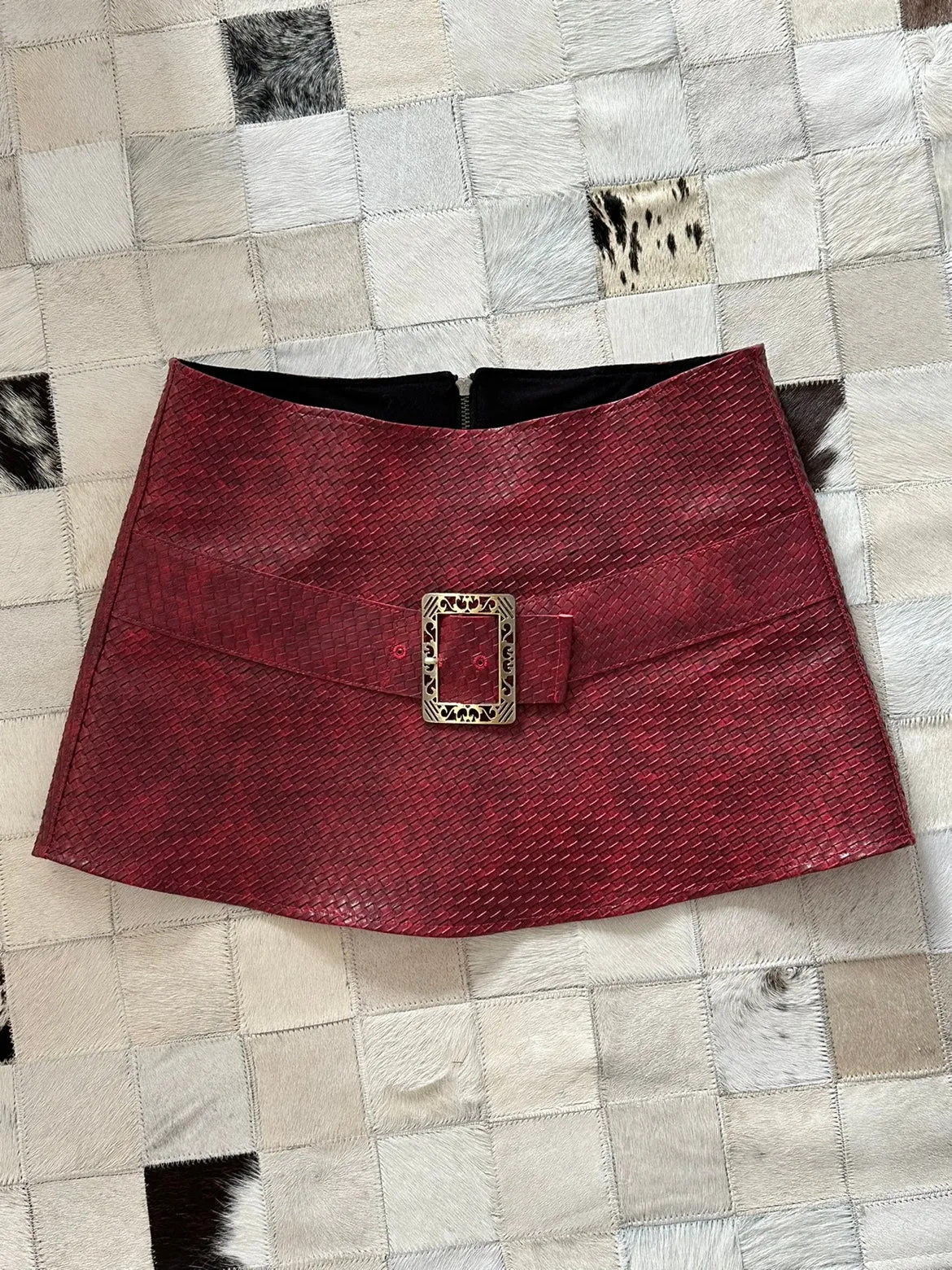 Retro Red Leather Tri-glide Button Skirt