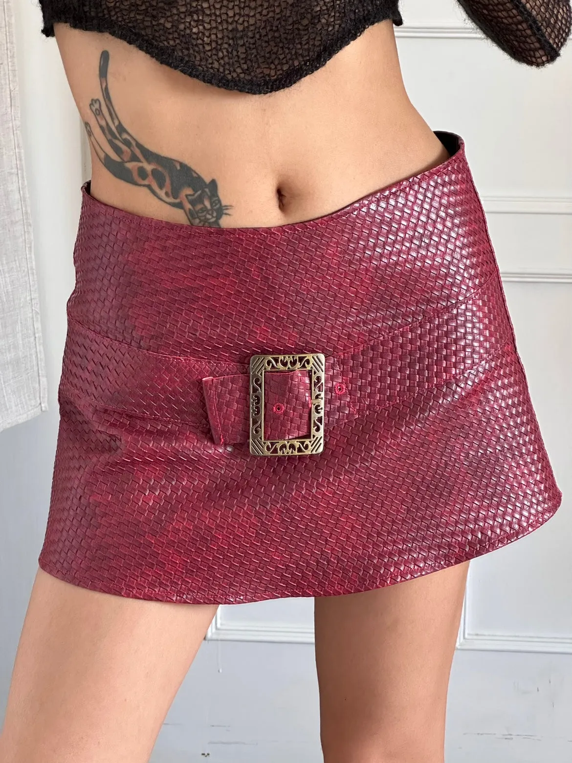 Retro Red Leather Tri-glide Button Skirt