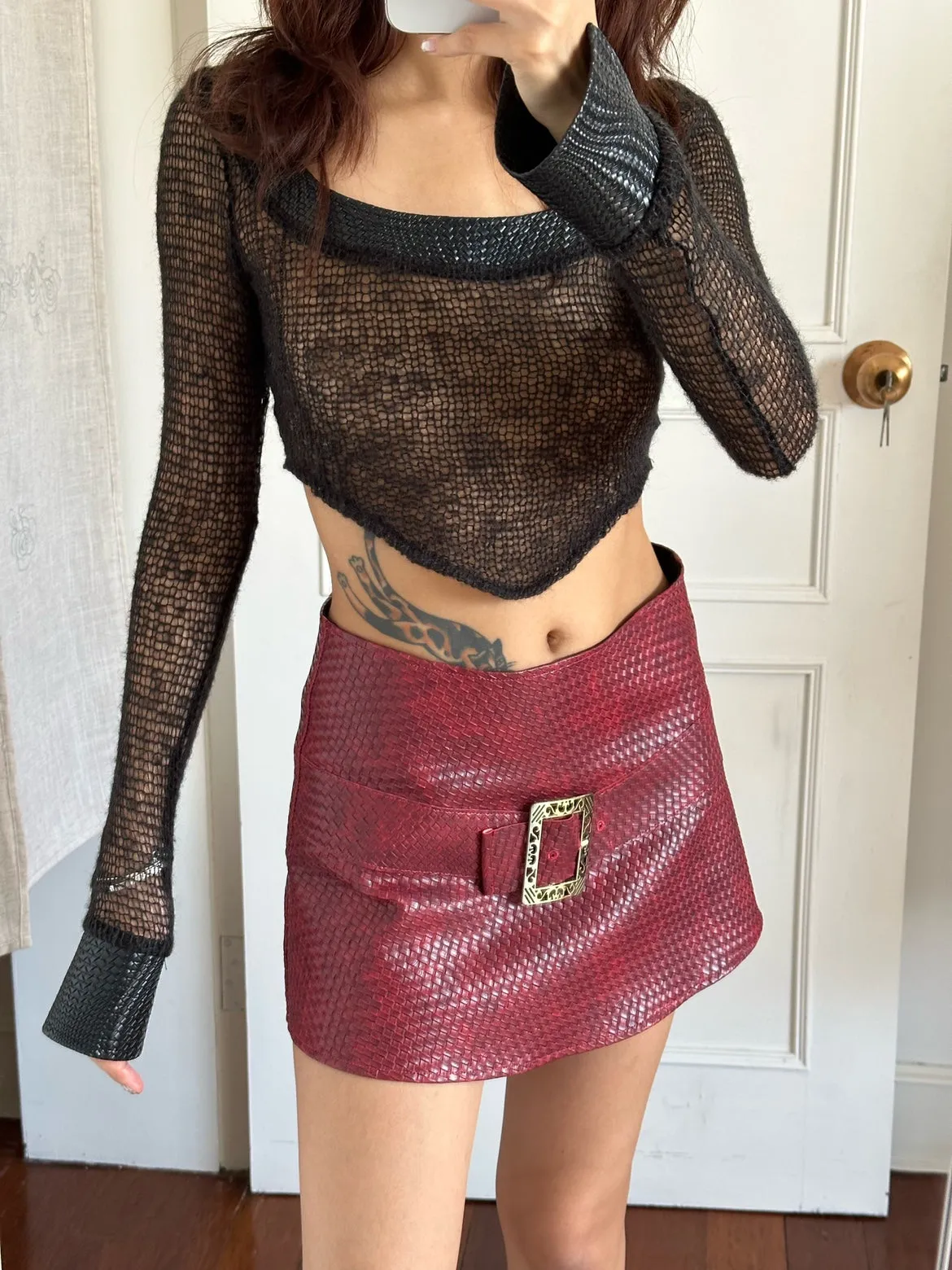 Retro Red Leather Tri-glide Button Skirt