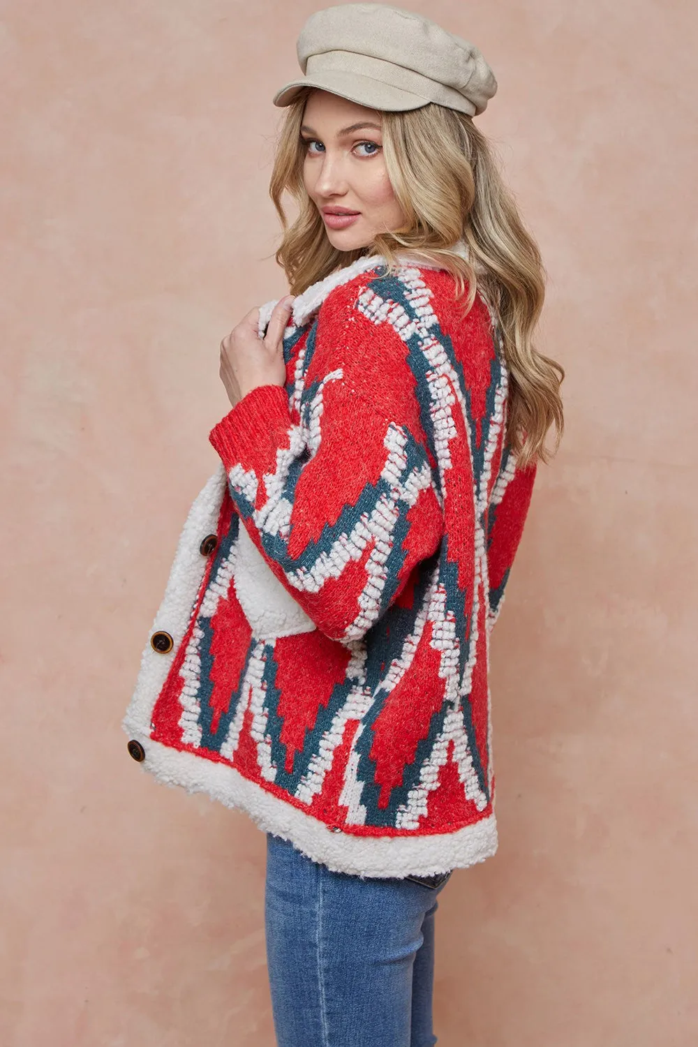 Rhombus Patterned Long Sleeve Sherpa Lined Sweater Jacket