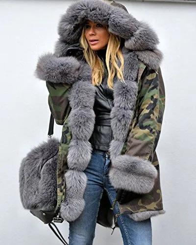 Roiii Winter Women Warm Fleece Hood Parka Overcoat Coat Long Fishtail Jacket Top (Medium, Army Green With Grey Fur)