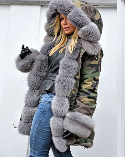 Roiii Winter Women Warm Fleece Hood Parka Overcoat Coat Long Fishtail Jacket Top (Medium, Army Green With Grey Fur)