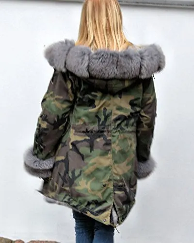 Roiii Winter Women Warm Fleece Hood Parka Overcoat Coat Long Fishtail Jacket Top (Medium, Army Green With Grey Fur)