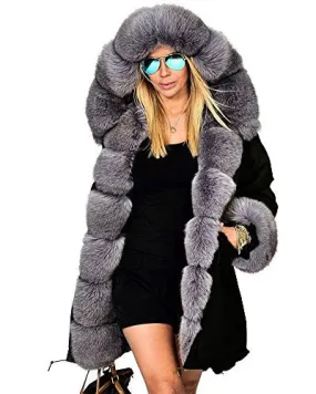 Roiii Women's Warm Winter Coat Hood Parka Overcoat Faux Fur Jacket Outwear (L, Black)