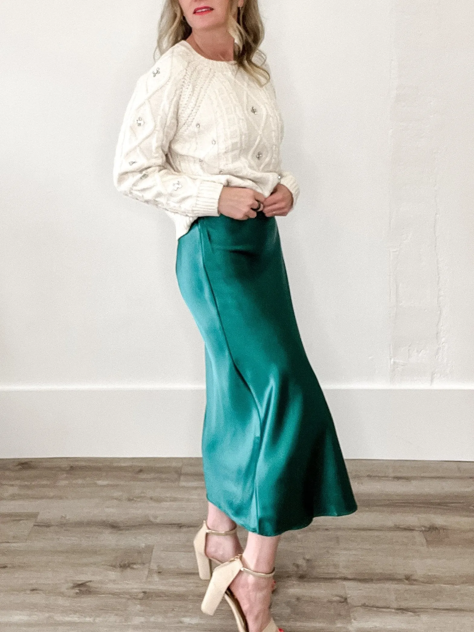 Satin Midi Skirt - Green