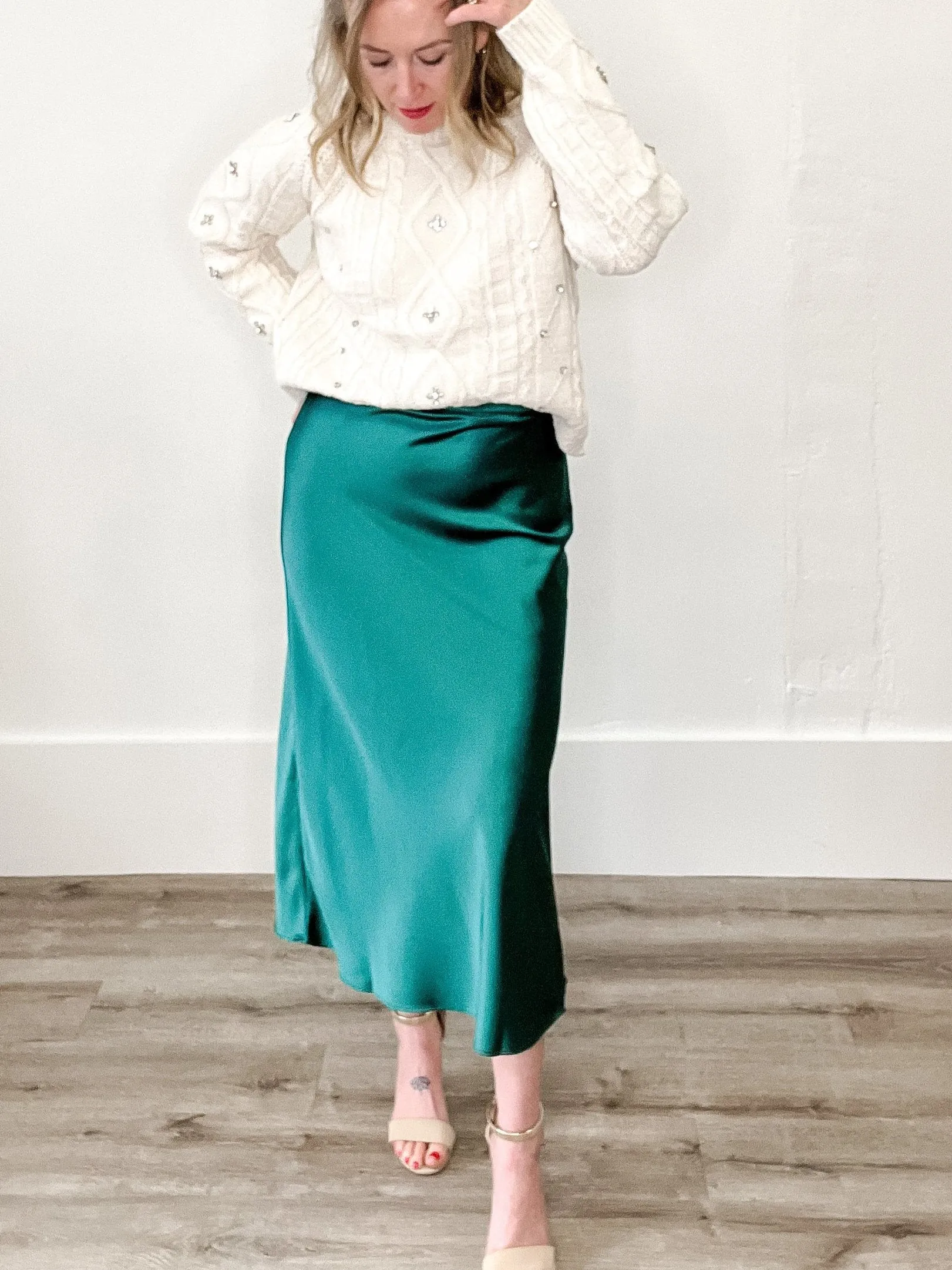 Satin Midi Skirt - Green