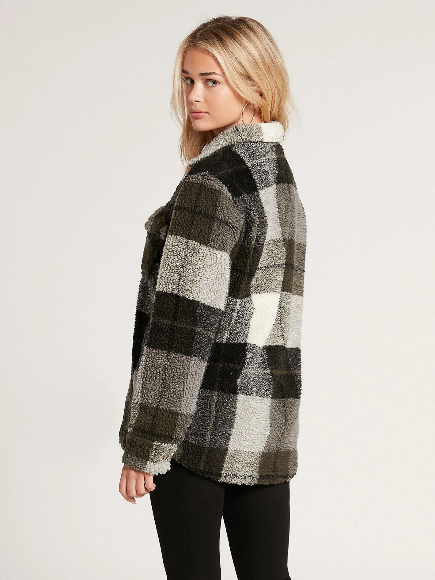 Silent Sherpa Plaid Jacket - Army Green Combo