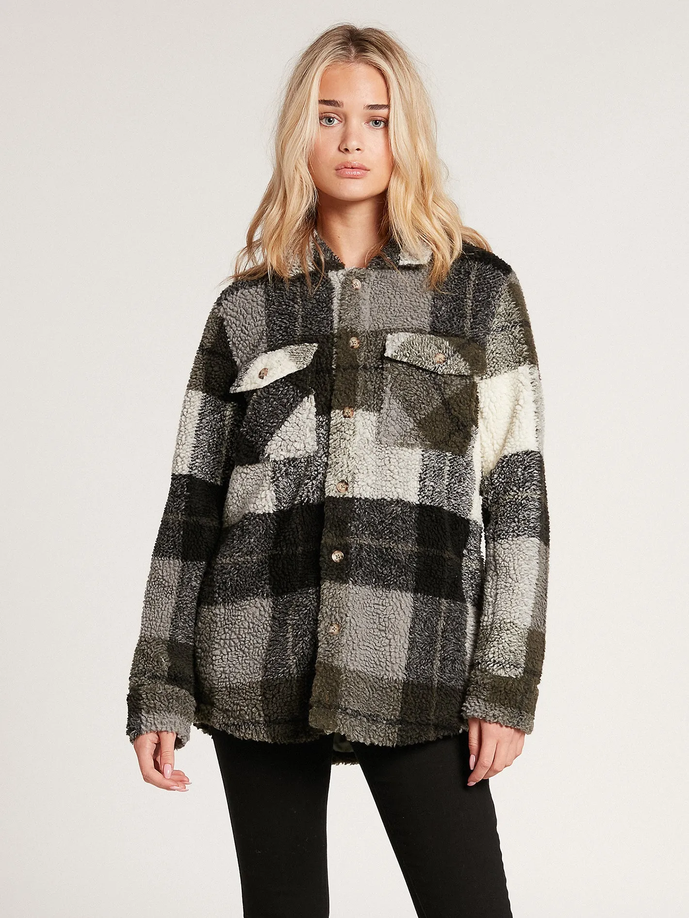 Silent Sherpa Plaid Jacket - Army Green Combo