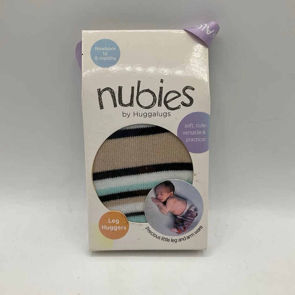 Size 0-6m: Nubies by Huggalugs Beige/Black/Turquoise Striped Baby Leg Warmers NEW