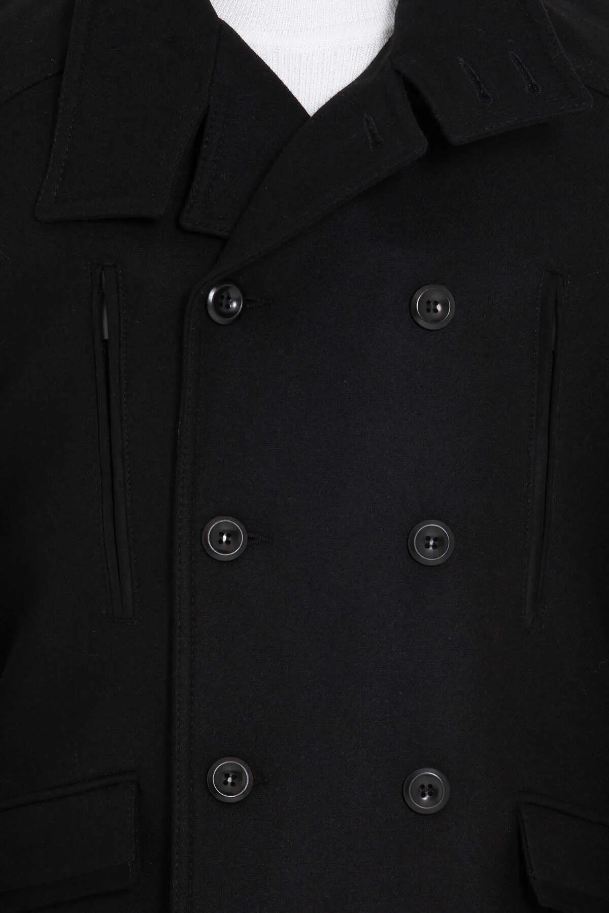 Slim Fit Cachet Double Breasted Black Wool Blend Overcoat