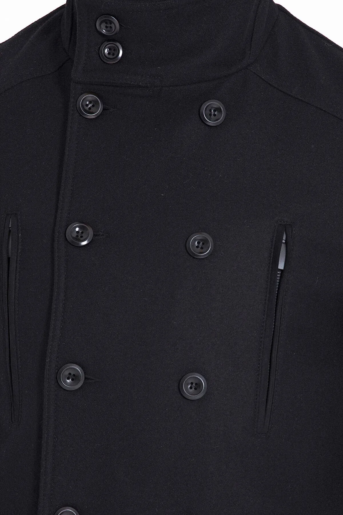 Slim Fit Cachet Double Breasted Black Wool Blend Overcoat