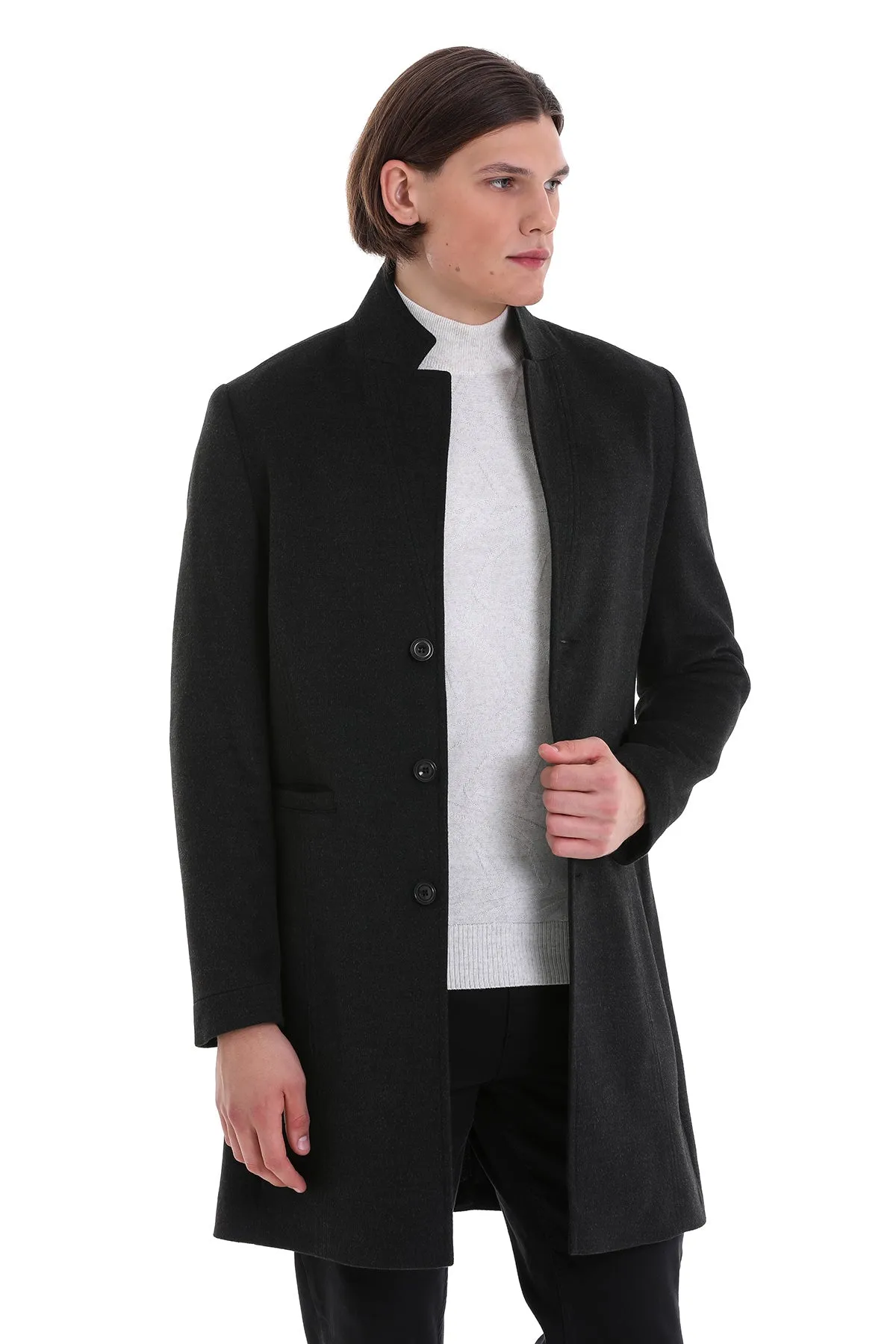 Slim Fit Cachet Notch Lapel Charcoal Overcoat