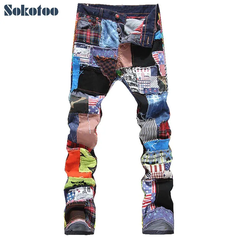 Sokotoo Men&#39;s patchwork spliced ripped denim jeans Male fashion slim colored patch buttons fly straight pants Free shipping