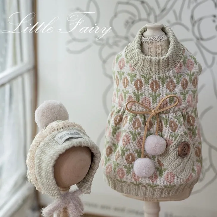 TaniWina Petite Pup Chic: Winter Sweater Dress with Hat for Small Dogs