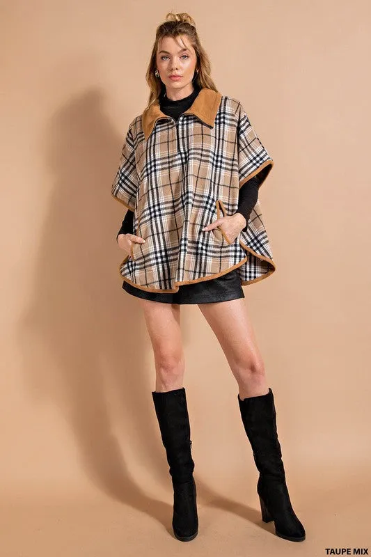 Taupe Mix Brushed Plaid Half Zipper Poncho