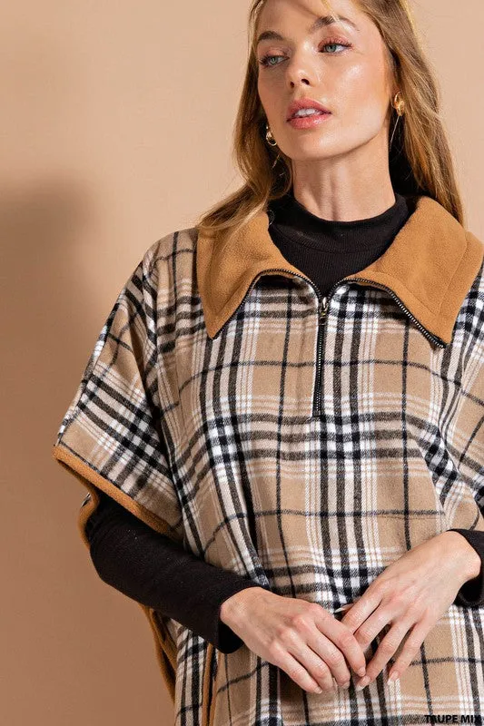 Taupe Mix Brushed Plaid Half Zipper Poncho