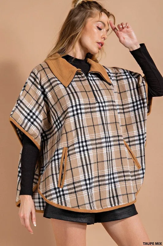 Taupe Mix Brushed Plaid Half Zipper Poncho