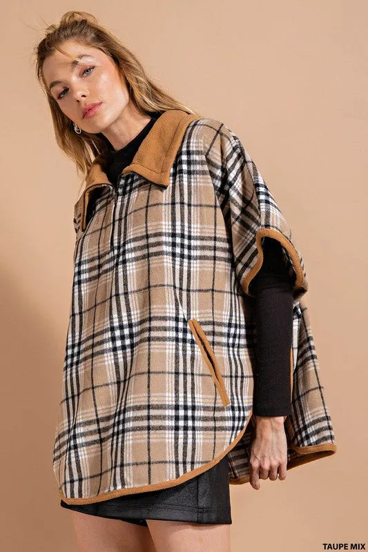 Taupe Mix Brushed Plaid Half Zipper Poncho