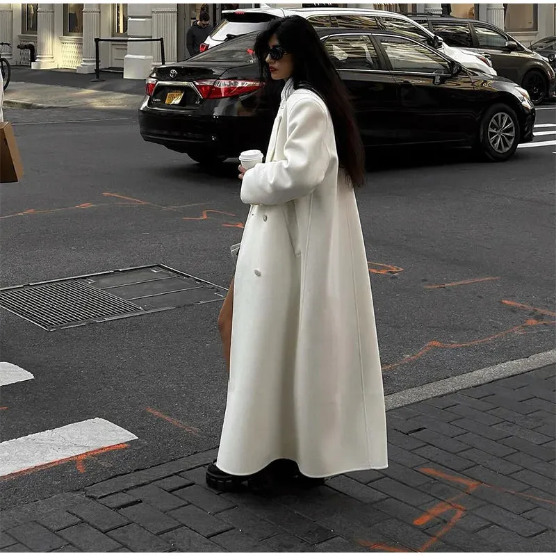 TAVIMART  -  White Elegant Double Breasted Loose Woolen Coat Women Chic Oversized Long Sleeve Overcoat Fall Winter New Ladies Outerwear