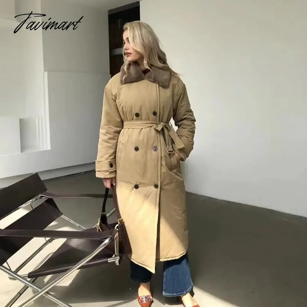 Tavimart  Women Winter Stylish Thick Warm Fur collar Long Parka Runway Designer long Coat Female Overcoat