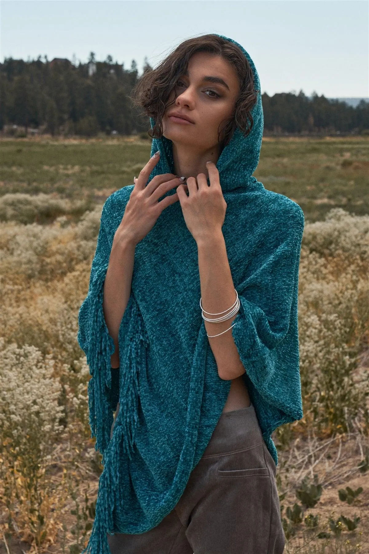 Teal Blue Chenille Knit Tassel Fringe Hooded Poncho