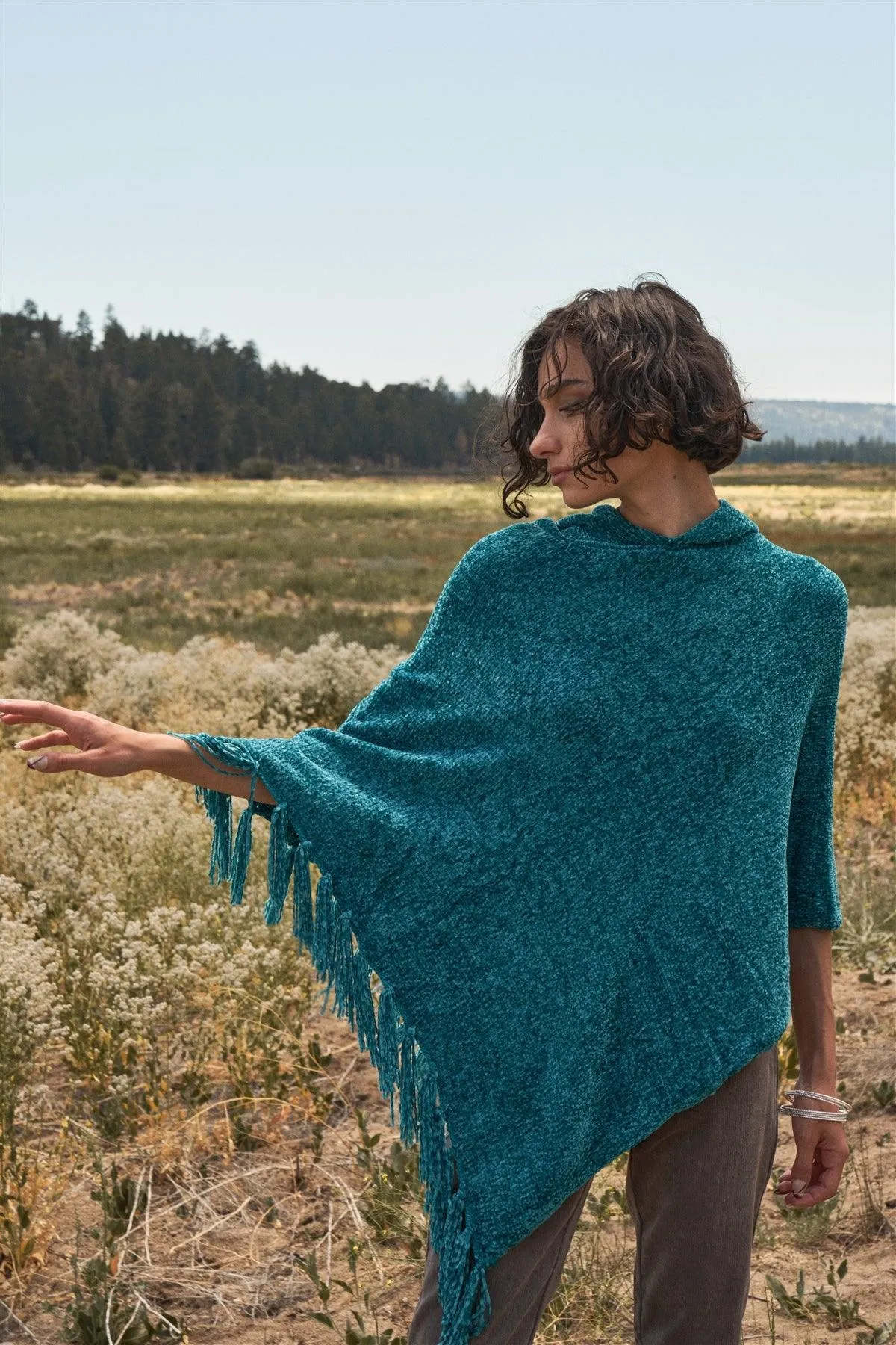 Teal Blue Chenille Knit Tassel Fringe Hooded Poncho