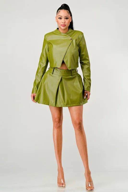 TEEK - Green Button Up Pu Leather jacket Skirt Set