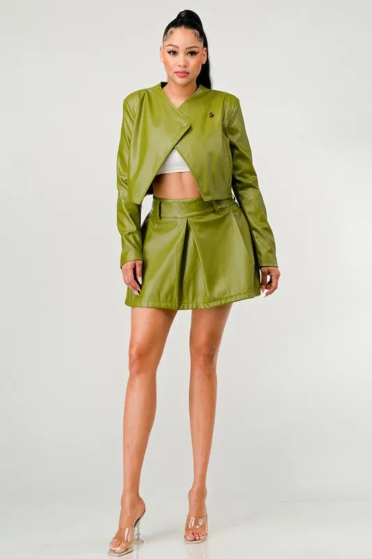 TEEK - Green Button Up Pu Leather jacket Skirt Set