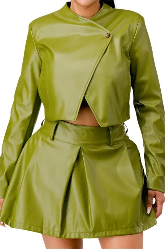 TEEK - Green Button Up Pu Leather jacket Skirt Set