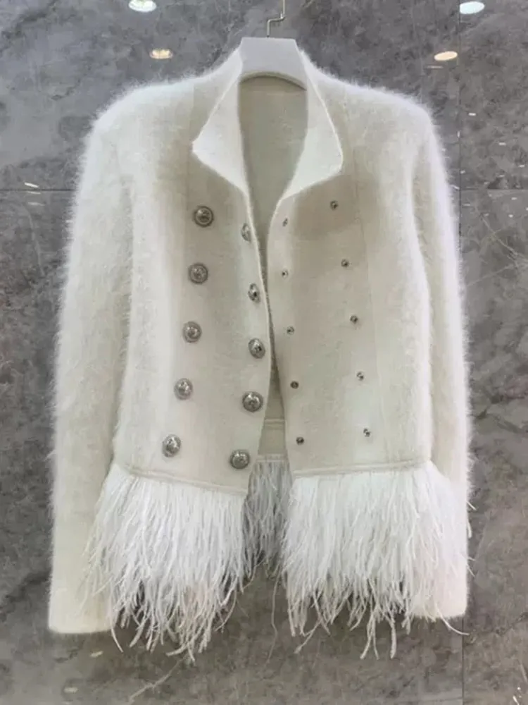 Temperament Patchwork Feather Coat For Women Stand Collar Long Sleeve Casual White Jackets Female Fashion Fall