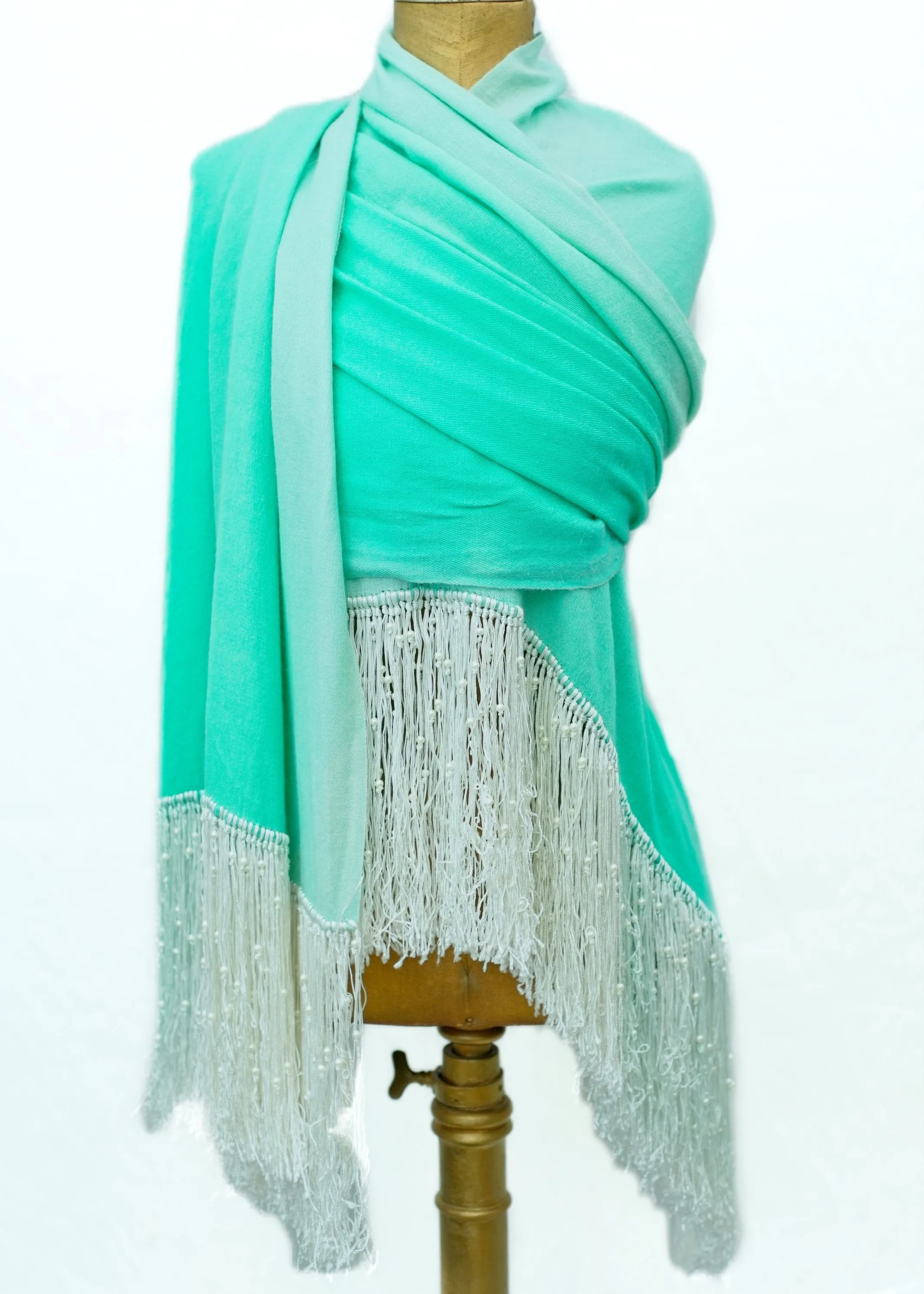 Very Long Turquoise Ombre Pashmina Shawl Scarf • Faux Pearls • Knotted Fringe